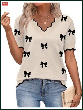 Women's V-Neck Short Sleeve Knit Pullover Sweater Dressy Casual Summer Top